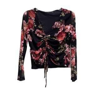 Womens West Kei Black Floral Blouse Sheer Long Sleeves Scrunched Front w/ Ties L